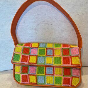 STAUD Tommy Shoulder Bag Beaded Multi Check LIKE NEW